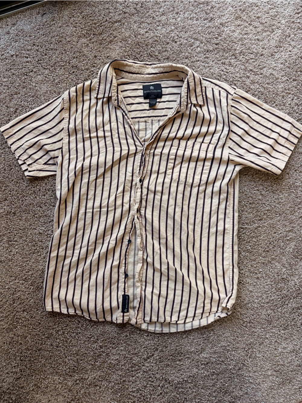 Men's Beige and Black Vertical-Stripe Short-Sleeve Shirt